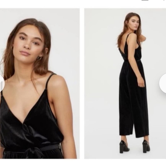 H&M Velour Velvet Jumpsuit in Black, cross wrap top wide leg skinny straps small - Picture 3 of 9